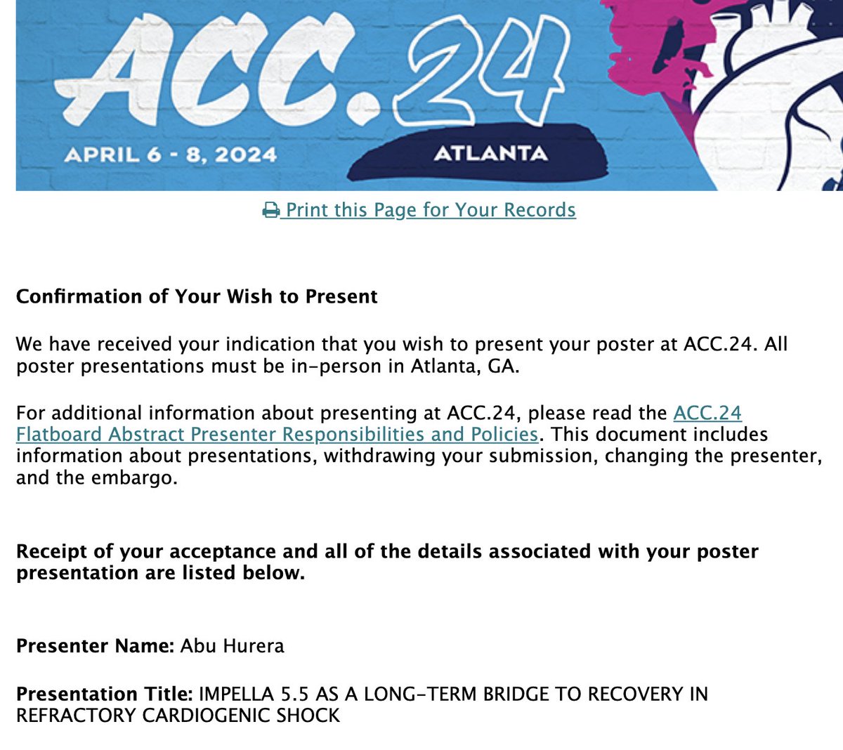 Pleased to share the news of my abstract submission! Excited to go to #ACC24 Thank you Dr.@GavHick for your mentorship! Grateful to all the co-authors. Looking forward to meeting everyone in Atlanta! #ACC24 #Atlanta