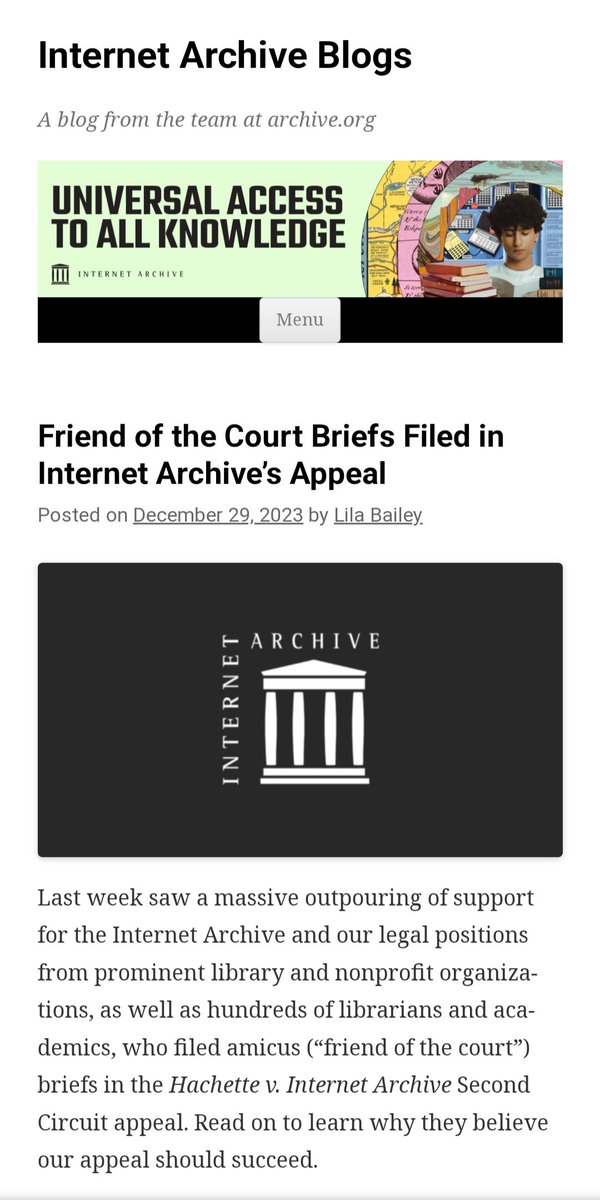 Susan_Dupres's tweet image. SAVE THE INTERNET ARCHIVE

Friend of the Court Briefs Filed in Internet Archive&apos;s Appeal

#SaveTheInternetArchive

blog.archive.org/2023/12/29/fri…