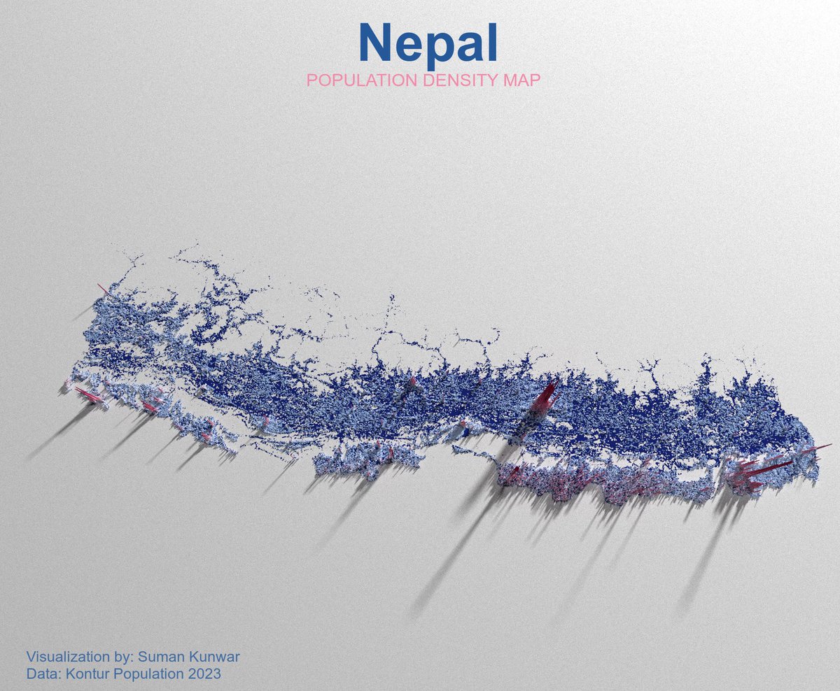 Excited to share the population density map visualization of #Nepal that I created using hashtag #Rayshader and R programming language. Here, the population and administrative data are taken from #Kontur. Happy Mapping!