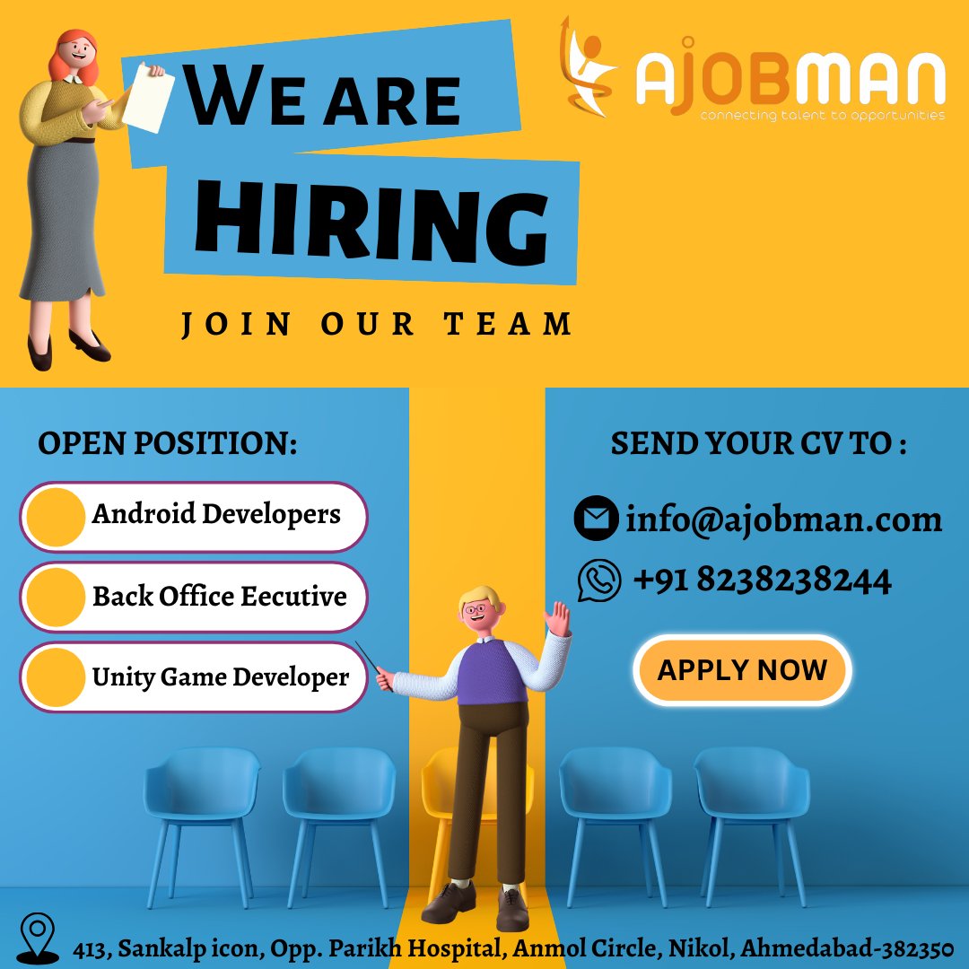 a_jobman's tweet image. #HIRING!
➡️#AndroidkotlinDevelopers
➡️#UnityGameDevelopers
➡️#BackOfficeExecutive
Work From Office
Location:- #Ahmedabad
💯% #JobPlacement
👉Terms & condition apply
Submit your CV & Contact us:
📲+91 8238238244,📧info@ajobman.com
🌐 ajobman.com
#ahmedabadjobs #Ajobman