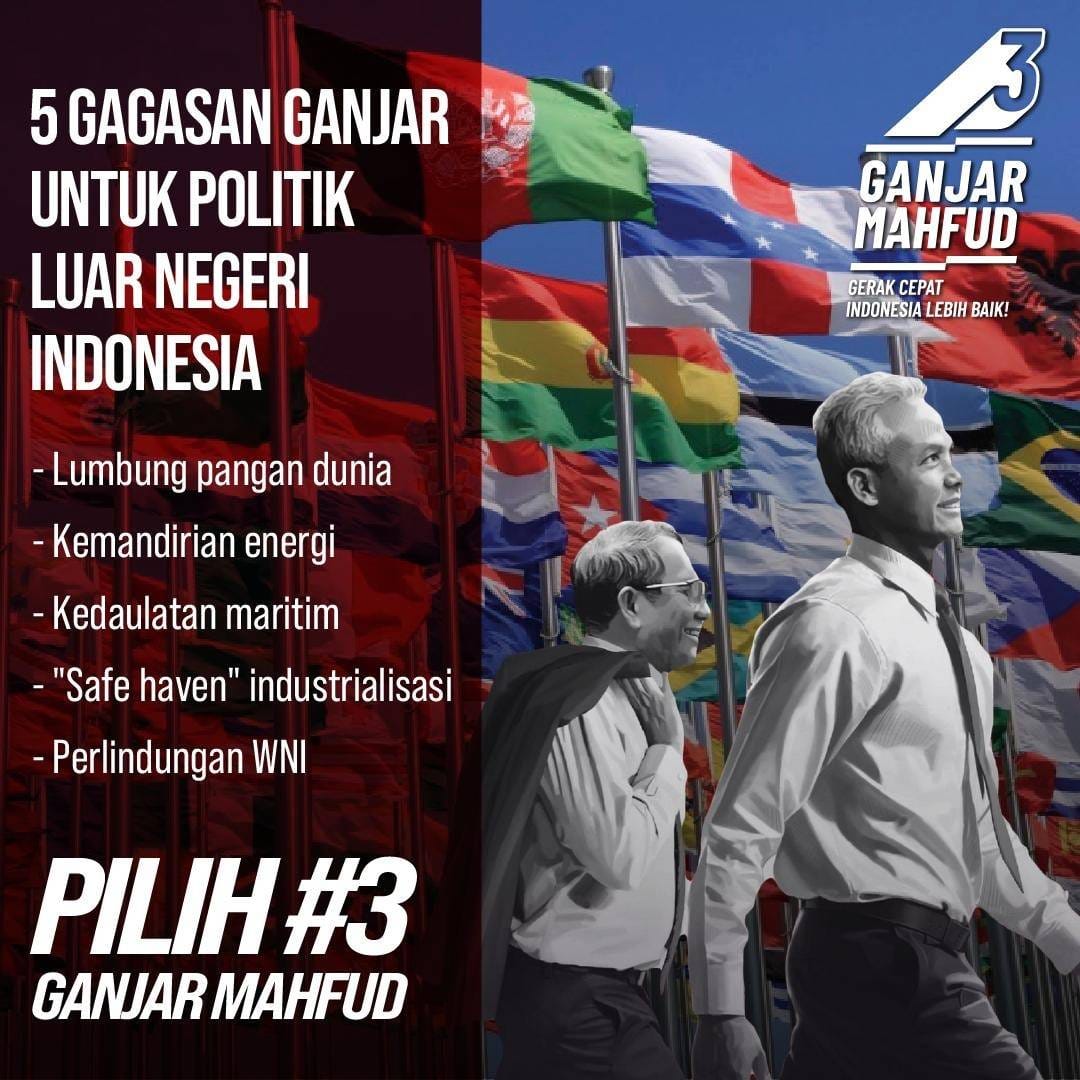 Urrangawak's tweet photo. Ganjar Pranowo punya lima gagasan utama dalam memaknai kebijakan luar negeri Indonesia yang bebas aktif. 

1.  Lumbung pangan dunia.
2. Kemandirian energi.
3. Kedaulatan maritim.
4. Safe haven industrialisasi.
5. Perlindungan WNI.
#L3bihBaik
#GanjarMahfud2024 https://t.co/WekzE52tNx