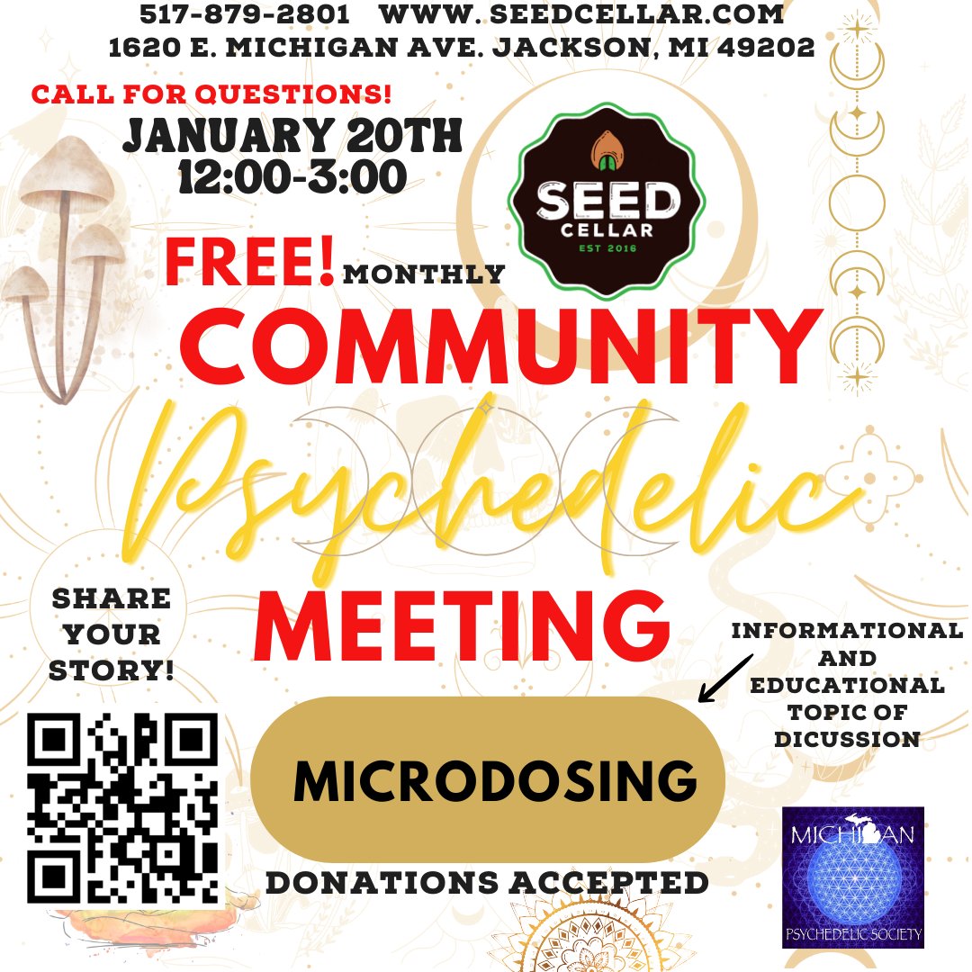 Join us for our first #FREE community psychedelic meeting of the year!👇

A safe place to talk about your mushroom journey!
Our topic this month is Microdosing - don't miss out. 🍄

#seedcellar #eventbrite #psychedelicmeeting #story #discussion #monthly #microdosing #educational
