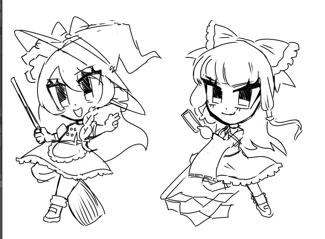 marisa and reimu keychain wip

holy sheeet this tablet is clean, relearning clip studio is interesting after using procreate for the last 3 years