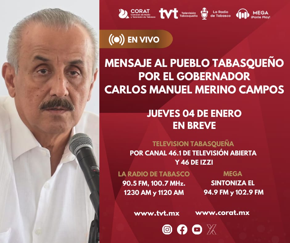 TVTenlinea's tweet photo. 📺 No te pierdas el mensaje a los tabasqueños, en cadena estatal, por parte del Lic. @cmmerino, gobernador del estado de #Tabasco.

📅 Este jueves 04 de enero, en unos minutos más.

Sígue la transmisión  en redes sociales, las estaciones de #RadioCorat y  #TelevisiónTabasqueña 💫 https://t.co/vUdljwPVkL