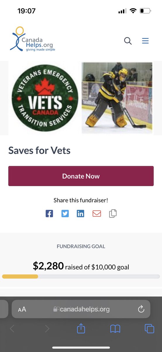 100 more saves, 50$ more to <a href="/vetscanada/">VETS Canada 🇨🇦</a> !!

<a href="/OJHLGoldenHawks/">Trenton Golden Hawks</a> 
<a href="/OJHLOfficial/">OJHL</a> 

canadahelps.org/en/pages/saves…