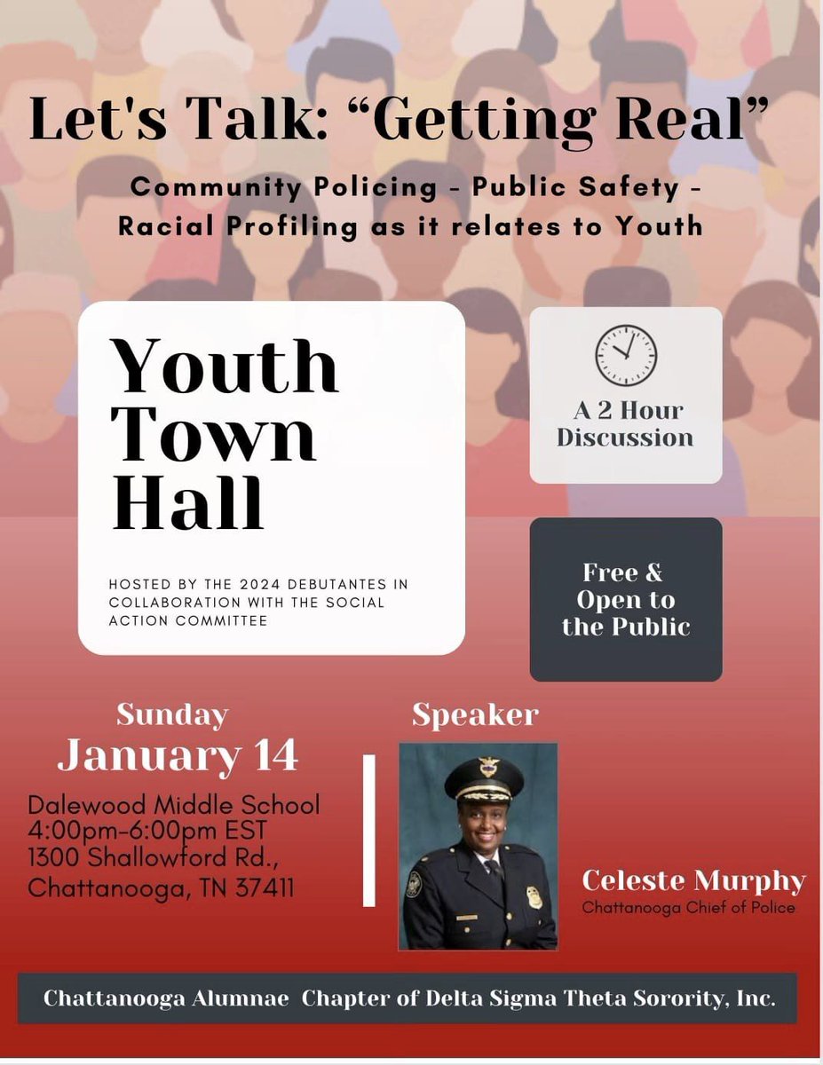 Please join us for a Youth Town Hall on Sunday, January 14th, at 4 pm at Dalewood. The speaker will be Chattanooga Chief of Police, Celeste Murphy. This event is free and open to the public.
#SocialActionCommittee #Debutantes2024