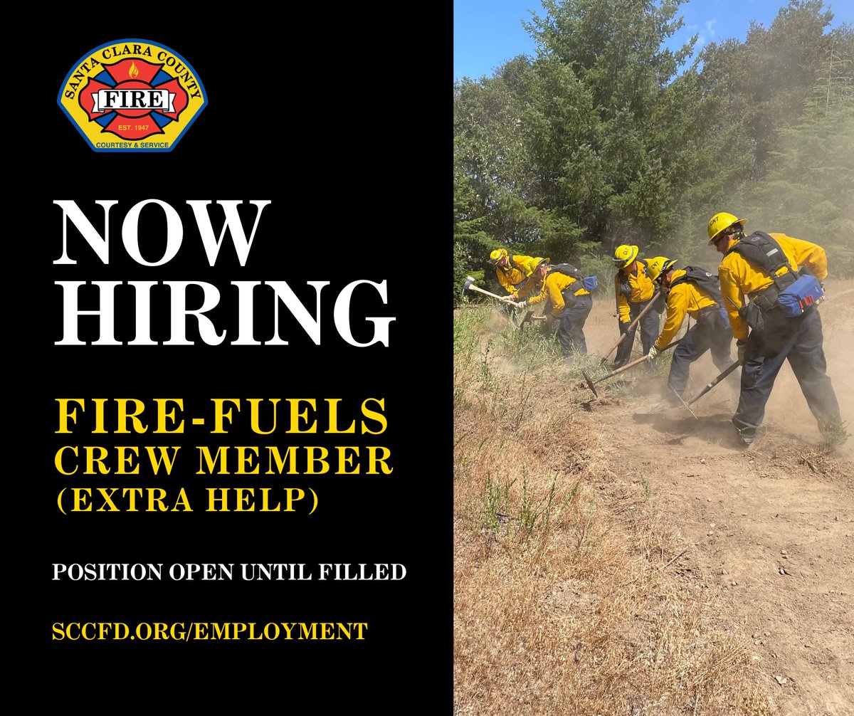 sccfiredept's tweet photo. #NOWHIRING Fire Fuels Crew Members for our Wildfire Resilience program. Crew Members will complete wildfire fuels reduction projects and may also deploy as a #handcrew to local emergencies within #SantaClaraCounty to perform fire suppression duties. More: https://t.co/1hLMWZLEch https://t.co/Cj22zMKDOm