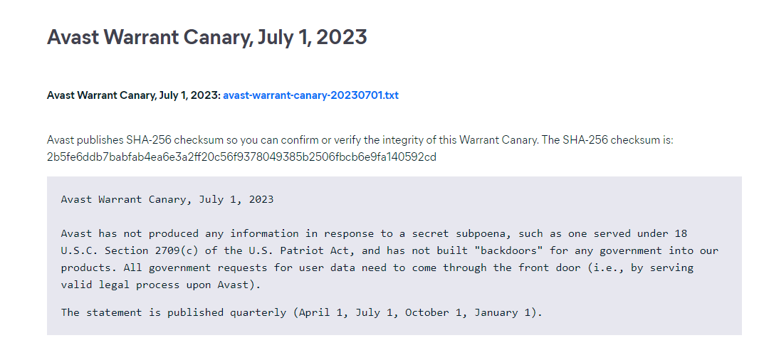 KnightLoverboy's tweet photo. Reminder to only use VPNs with updated warrant canaries. Was fucking around and just found out apparently Avast has been compromised since July of 2023. I'm sure the fact we can know this due to a legal loophole makes the glowies seethe with anger.

https://t.co/0jIhfVmA3p https://t.co/XqrfTbOFzK