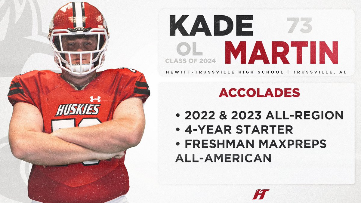 Hewitt-Trussville FB (@huskyfast) on Twitter photo 2024 OL KADE MARTIN <a href="/kade_martin73/">Kade Martin</a>
*2022 and 2023 All-Region
*4-year Starter
*Has played C, G and T on OL
*Alabama/Mississippi All-Star Game #RecruitHT
hudl.com/profile/130270… 2024 OL KADE MARTIN <a href="/kade_martin73/">Kade Martin</a>
*2022 and 2023 All-Region
*4-year Starter
*Has played C, G and T on OL
*Alabama/Mississippi All-Star Game #RecruitHT
hudl.com/profile/130270…