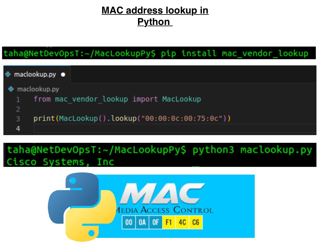 NetAutomator's tweet image. ๐Perform MAC address vendor lookup in Python with just TWO lines of code
๐simply install the library
โน๏ธThere are plenty of python modules that simplify MAC OUI lookup, mac-vendor-lookup is one of my favourite.
#python #netdevops #devnet #pythonallday