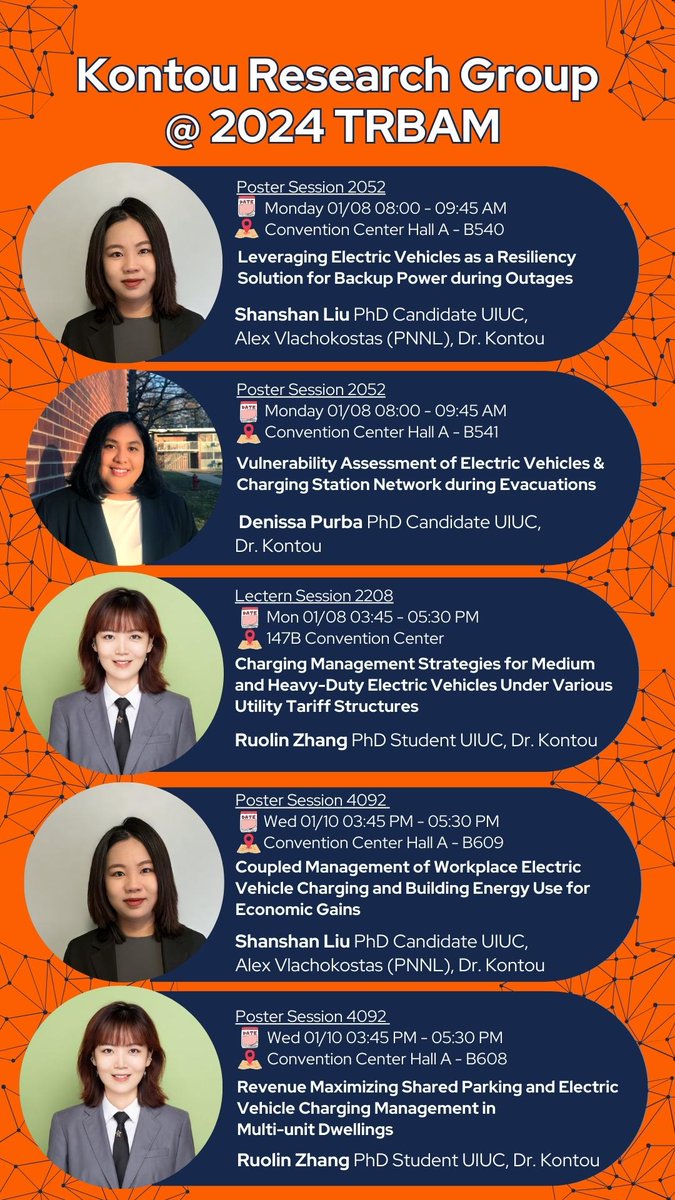 ✈️Heading to the 2024 #TRBAM? Interested in research at the forefront of🔌🔋🚘transport electrification? Add to your calendar 📅 the sessions of the Kontou Research Group's accomplished scholars and learn about #ElectricVehicle system resilience, management, and sustainability!⚡️