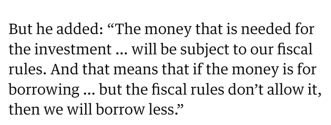 I don't think you need a business school degree (although it helps) to see that this is a crazy investment rule. the specific amount of £28bn is not important - but a green investment is either necessary or unnecessary. the sea level is not conditional on the business cycle