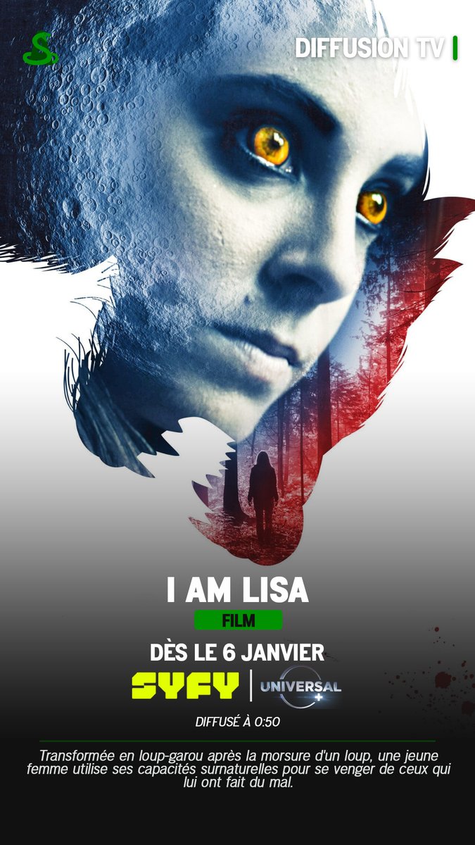 Le film #IAmLisa est dès maintenant diffusé sur @SYFYfr & @UniversalPlusFR.

'Transformée en loup-garou après la morsure d'un loup, une jeune femme utilise ses capacités surnaturelles pour se venger de ceux qui lui ont fait du mal.'

#Syfy #UniversalPlus