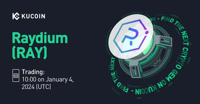 Raydium's tweet photo. gm RAYdiators! ☀️

$RAY trading is now LIVE on @kucoincom 🔥

How about that to kick-off 2⃣0⃣2⃣4⃣? https://t.co/kKFZ0oDVHN