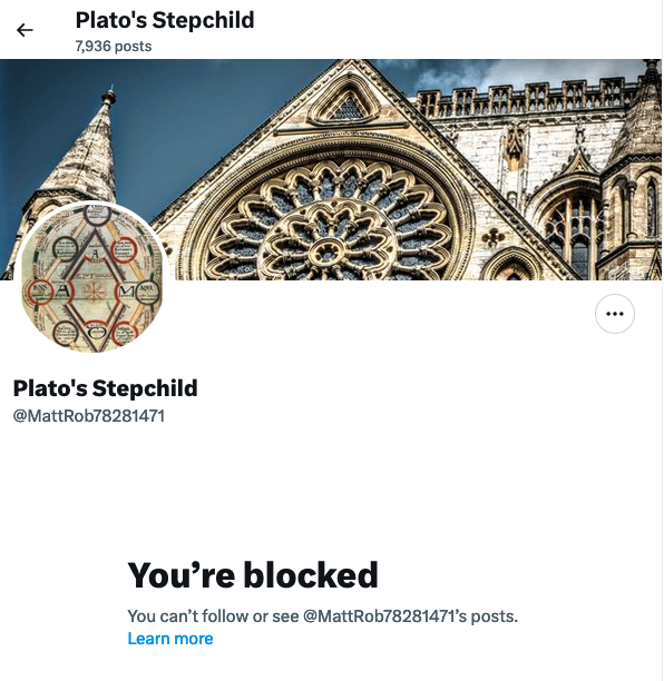 DivorceKills's tweet photo. Given More's witty satire, in his Utopia, of the willful Platonist, who cannot brook even the smallest disagreement, this, after a brief disagreement, to which this online "philosopher" first replied with dismissive vituperation, may be a very creative bit of performance art. https://t.co/xxNKixq0xB