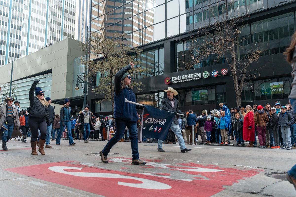 CSUSystem's tweet image. Always exciting to see the @NationalWestern Stock Show parade pass by the #CSUSystem office, especially when @CSUCamtheRam and the @CSUSpur team are participating 🎉