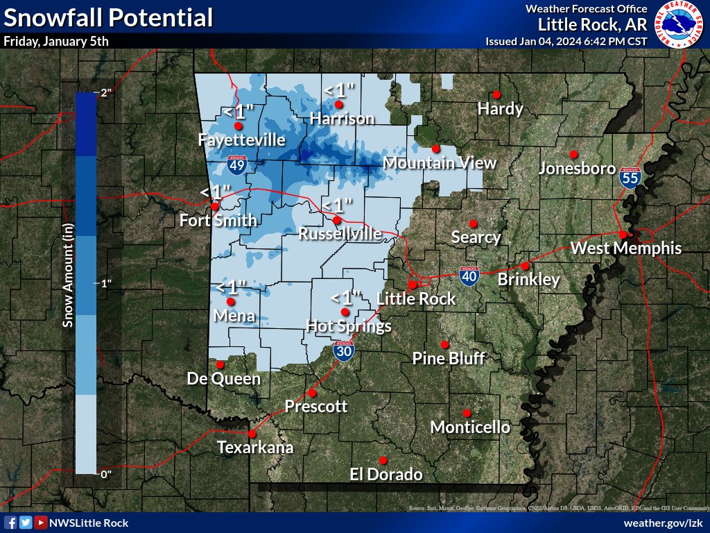 NWSLittleRock's tweet photo. Tomorrow's snowfall is estimated between a trace to 1-2 inches over roughly the western half of AR (higher amounts in the Ozarks). Total liquid precip (including melted snow) is est between one-tenth to just over one inch over SE AR. #arwx https://t.co/TJ75Lflzc7
