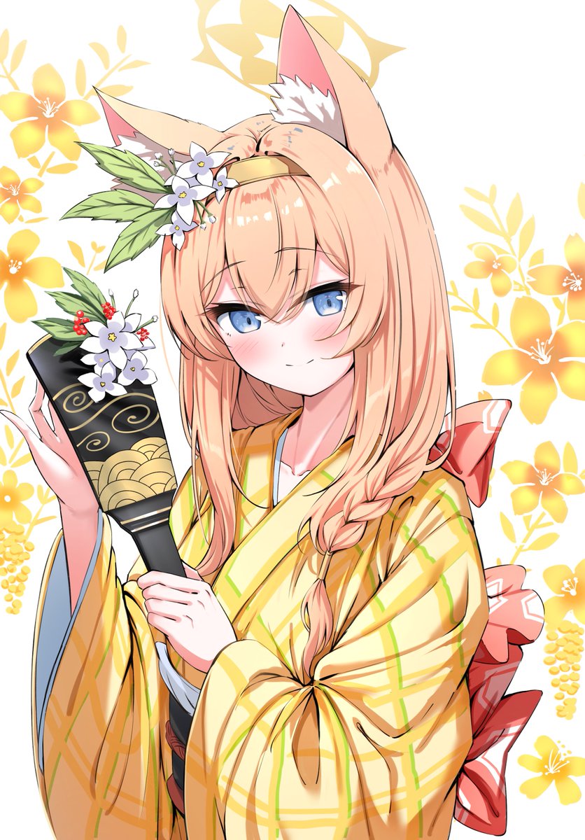 mari (blue archive) 1girl japanese clothes animal ears solo kimono flower blue eyes  illustration images