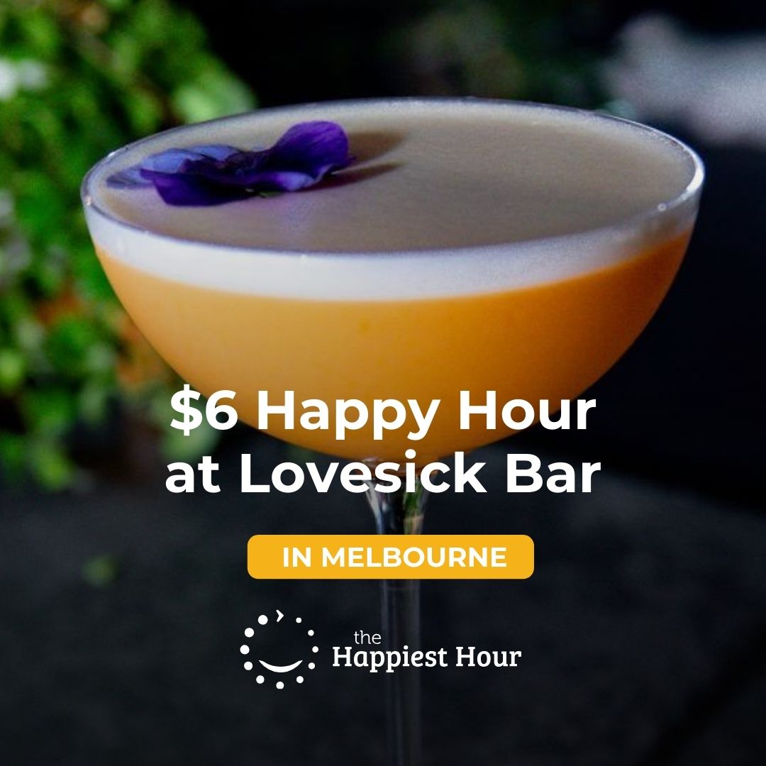 😁🍺$6 Happy Hour at Lovesick Bar! Happy Hour 4-6pm on Thursday and 12-6pm Friday - Sunday!🍷😁

Check it out right here 🙂
thehappiesthour.com/venues/melbour…

Download the app to find more happiness near you 😊
onelink.to/thehappiesthour

#drinkspecials #melbournespecials #thehappiesthour