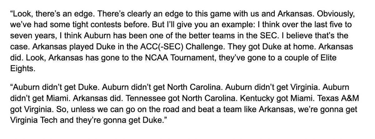 rich_silva18's tweet image. Bruce Pearl with a pretty blunt quote on Tiger Talk tonight regarding the importance of Saturday's game vs. Arkansas. He brought up the ACC-SEC Challenge.

"Unless we can go on the road and beat a team like Arkansas, we’re gonna get Virginia Tech and they’re gonna get Duke.”