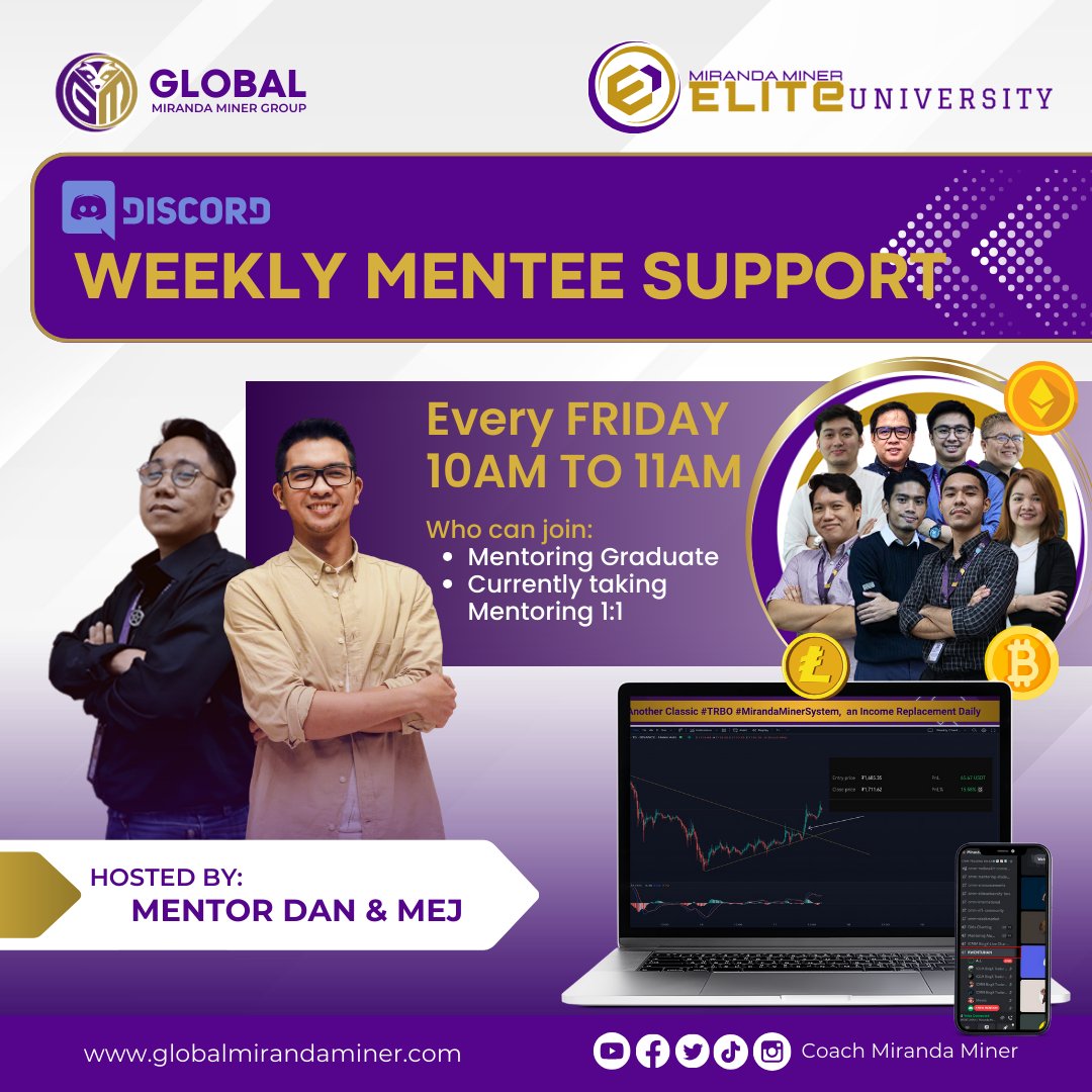 gmmg_official's tweet photo. ⏰ Meet your #Almucharting and #FridayMenteeSupport Mentors for the month of January.

📣 📅 Start your learning journey this year; drop us a message on Facebook: Coach Miranda Miner

#EliteUniversity #DiscordServer #cryptoforbeginner #tradingcommunity https://t.co/0aZqD095YO