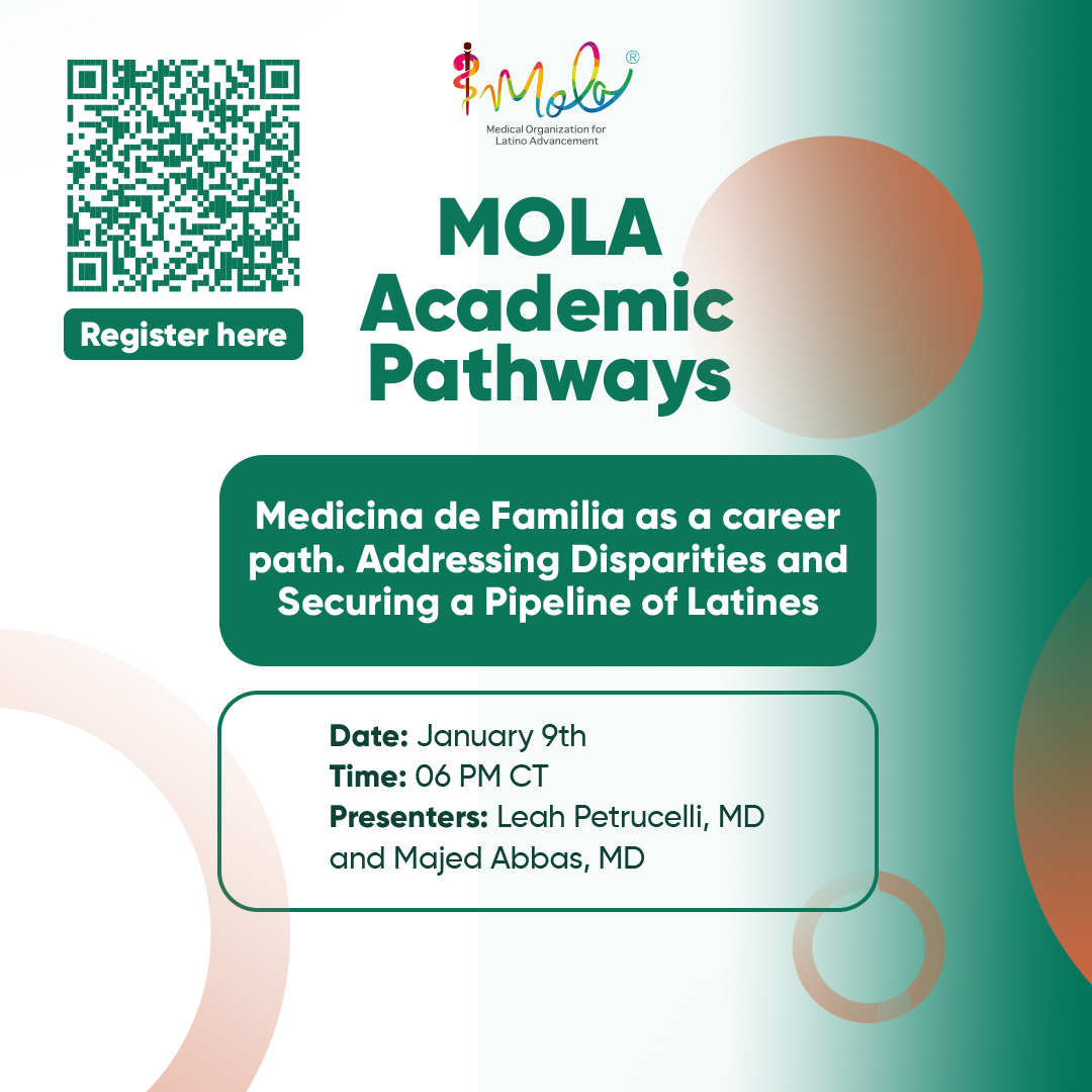 chicagomola's tweet image. Don't miss this MOLA talk: "Family Medicine as a Career Path." We look forward to seeing you on January 9th📅
Register here: bitly.ws/37nma

#molahealth #mentorship #academicpathways