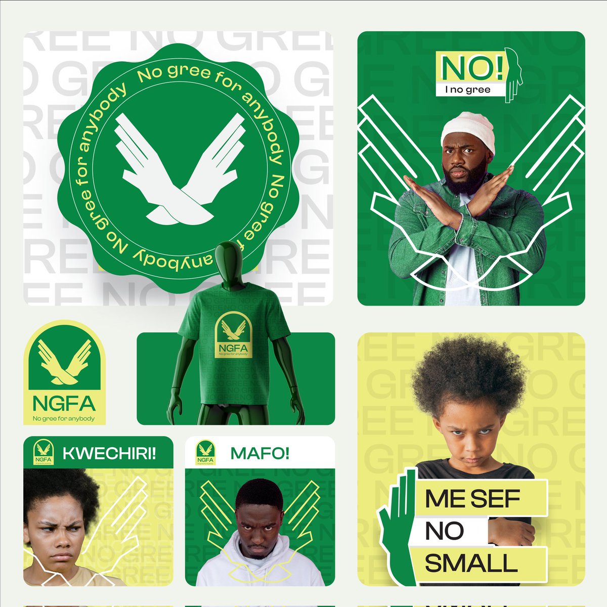 Designed a logo and some Brand visuals for the motto  NO GREE FOR ANYBODY!!!, the colours and lockups were inspired by <a href="/leyeConnect/">LEYE</a> 's  Elluu p designs, since we no dey Gree for anybody, hope say una go gree for this #logo
 Would be posting more on this... 😊