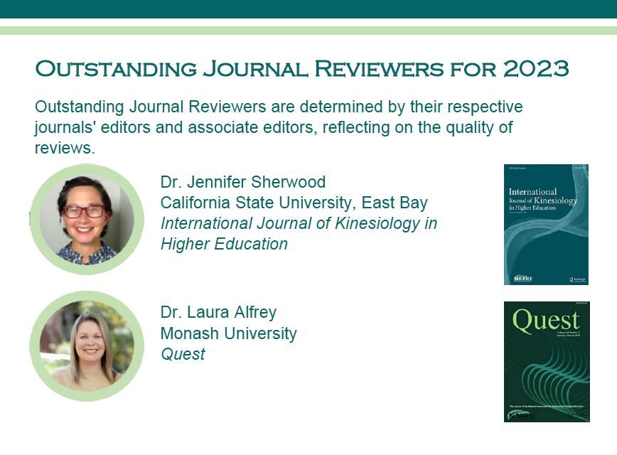 NAKHEorg's tweet photo. NAKHE would like to celebrate of our 2023 Outstanding Journal Reviewers

Dr. Jennifer Sherwood of California State University, East Bay for her contributions to (IJKHE)

Dr. Laura Alfrey of Monash University for her contributions to Quest https://t.co/7sq2xgju5k