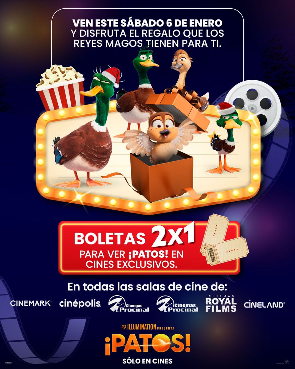CinefilosColomb's tweet photo. CELEBRA el #DíaDeReyes con este gran regalo de #UniversalPictures @Veacine y disfruta #PatosPelicula boletas 2x1 en salas #Cinemark, #Cinépolis, #Procinal #RoyalFilms y #Cineland Colombia. IMPERDIBLE https://t.co/XtogNyNDHx