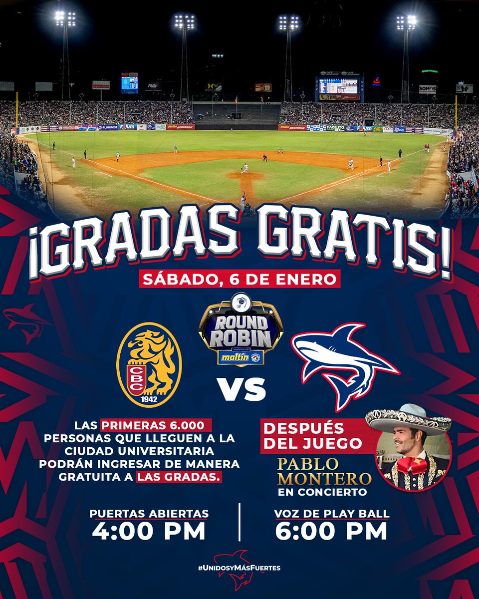 No puedes dejar de acompañarnos este sábado 06 de enero en el Universitario 🏟️⚾🎵

#UnidosYMásFuertes