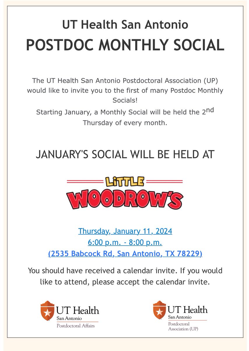 <a href="/UTHealthSA/">UT Health San Antonio</a> #Postdocs, HAPPY NEW YEAR!!!!! 🎆🎊 

Join us in celebrating by coming out to our #social next Thursday Night!!! Will be a FANTASTIC time 😁! See you there!!!

<a href="/UTHSAResearch/">UT Health San Antonio Research</a> <a href="/UTHSA_StuLife/">UT Health SA Student Life</a> <a href="/UTHealthSAlumni/">UT Health SA Alumni</a> <a href="/UTHealthSA_GSBS/">UT Health SA Grad School of Biomedical Sciences</a>