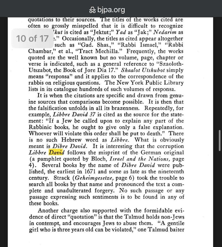 MyNameIsAviJ's tweet photo. Shout-out to my brother @EliSchwartz14 who found and sent this to me, the origin of where the made-up source "Libbre David" came from. 

This is from a 1939 journal article called "Talmudic Forgeties:
A case study in anti-Jewish propaganda". https://t.co/X6syVd4pFf