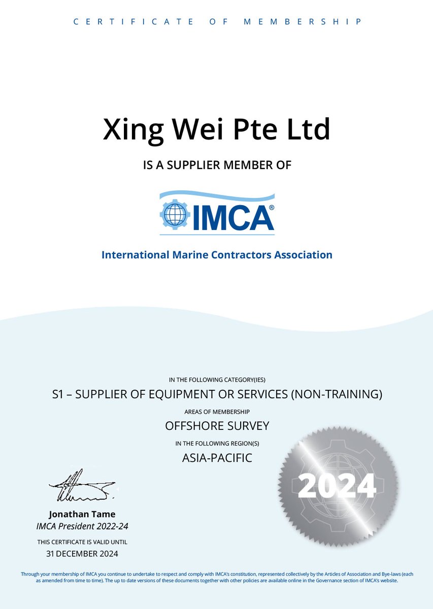 In 2024, Xing Wei Pte Ltd proudly maintains its status as a Member of the International Marine Contractors Association (IMCA).
This recognition underscores our commitment to delivering top-notch services in the Asia-Pacific region.
#IMCA #DP #DynamicPositioning #XingWei