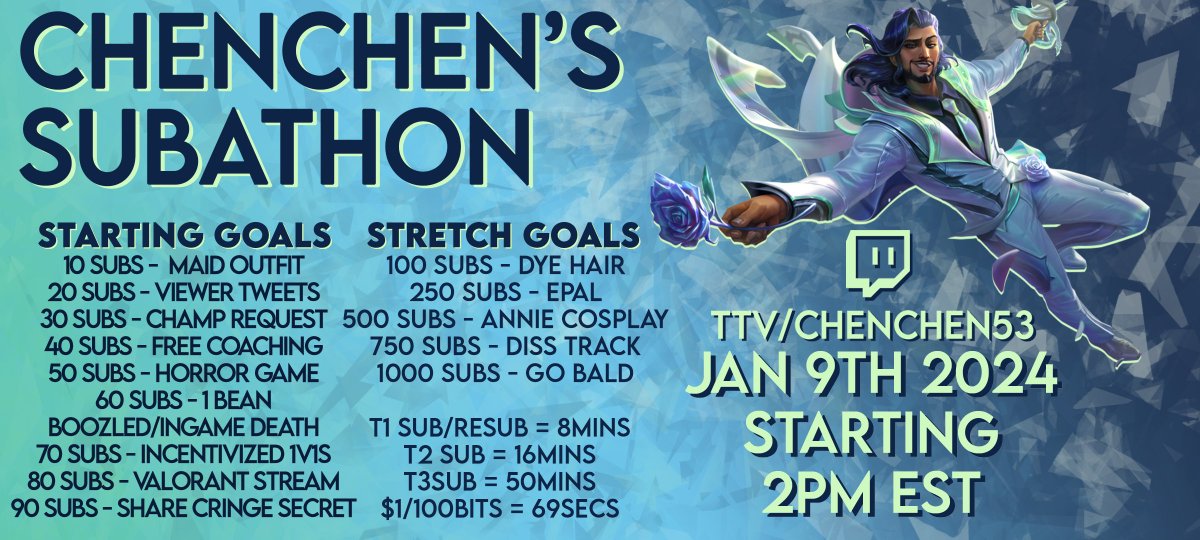 Hey everyone! 

Excited to share that my FIRST subathon will be happening Jan 9th where I will also be partaking in the Dantes Challenger race during the stream.

Feel free to drop by!

It'll be my first time so im excited to do it with you, please be gentle 🙈