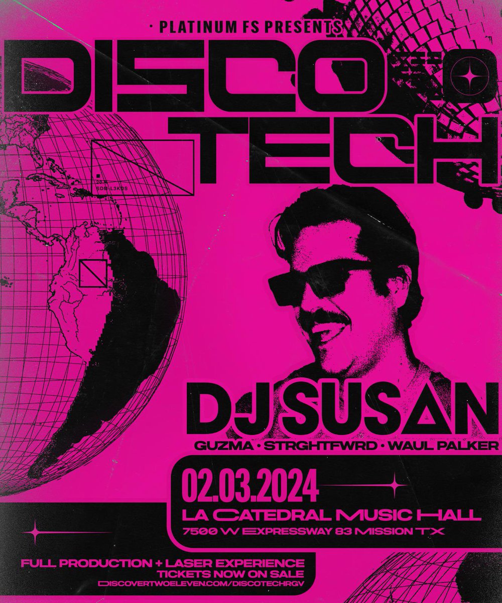 <a href="/PlatinumFSEnt/">PLATINUM FS ENTERTIANMENT</a> presents: Disco Tech ft. <a href="/djsusanmusic/">DJ Susan</a> for the rescheduled date happening on February 3rd 🩷🪩

There is a new Valentine’s Special:

Single Pass $25
Couples Pass $45

Get those tickets at: discovertwoeleven.com/discotech
<a href="/discotechrgv/">DISCO TECH</a>