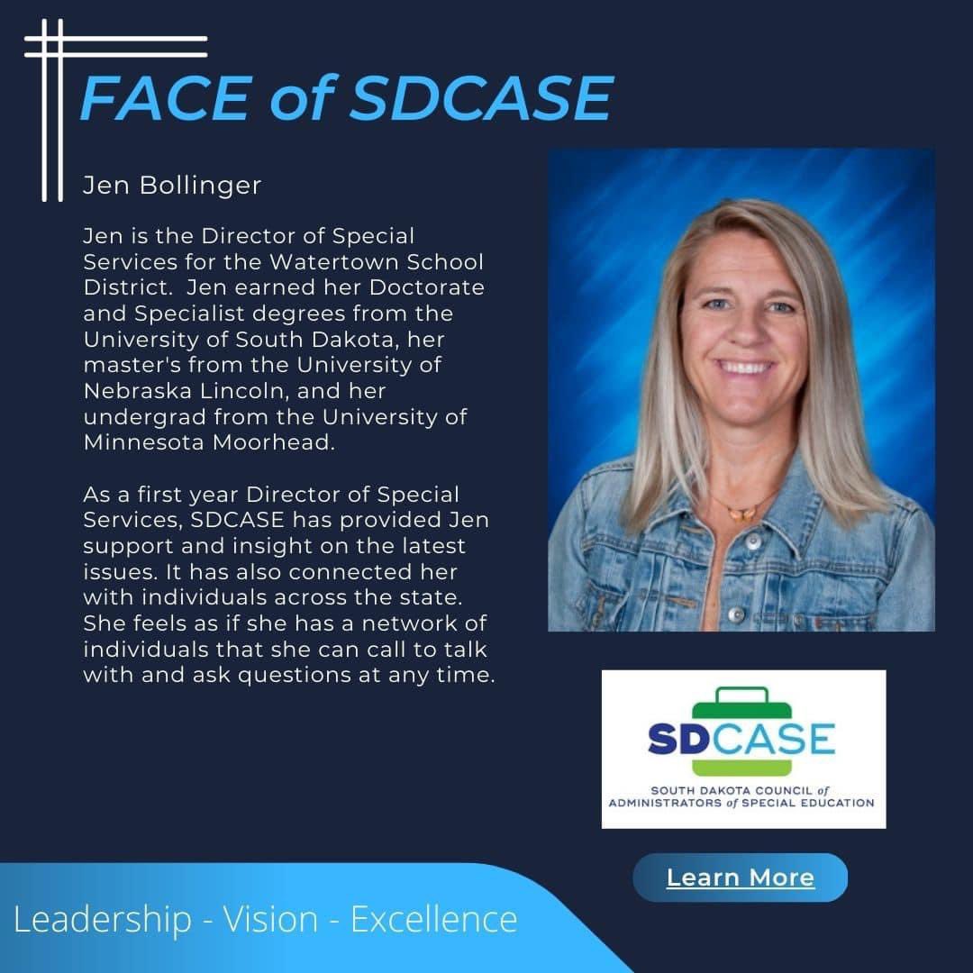 Jen serves the Watertown School District. In her first year as a sped director, SDCASE has provided connections and support.  
Welcome, Jen!