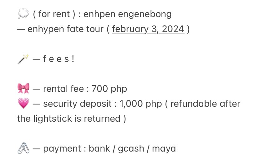 aliacarts's tweet photo. wtr lfr ph 

engenebong | enhypen lightstick for rent 

rental fee : 700php
refundable security deposit : 1,000php
dates available : february 3, 2024 
can pay on d-day ! 

reply / dm if interested https://t.co/ZsPo4D5rn9
