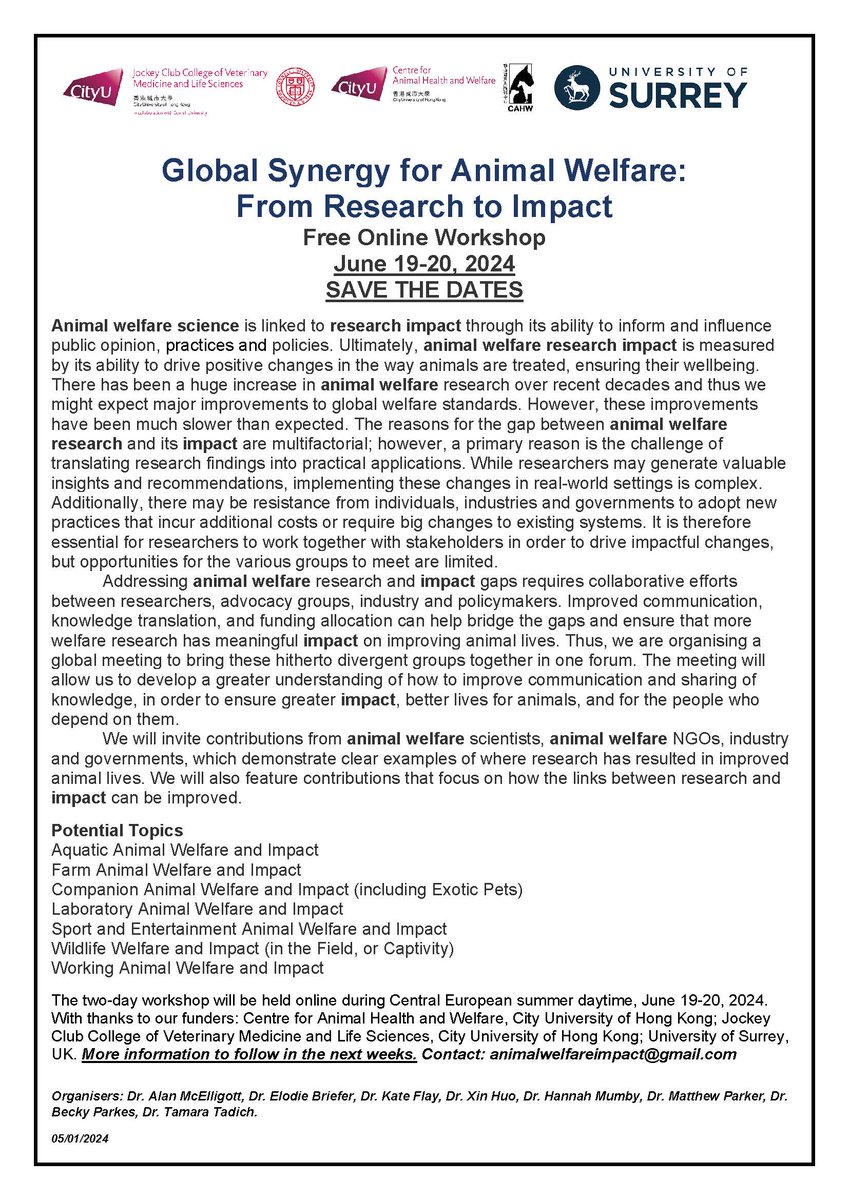 CAHWCityU's tweet image. SAVE THE DATES for our free online workshop on June 19-20, 2024. Let&apos;s transform #animalwelfare #research into real-world #impact together! 🐾💻🌍

@amcell
@elodiebriefer
@kate_flay

@ThailandXin
@hannahsmumby
@psych_genes
@BeckyParkes5
@tamara_tadich
