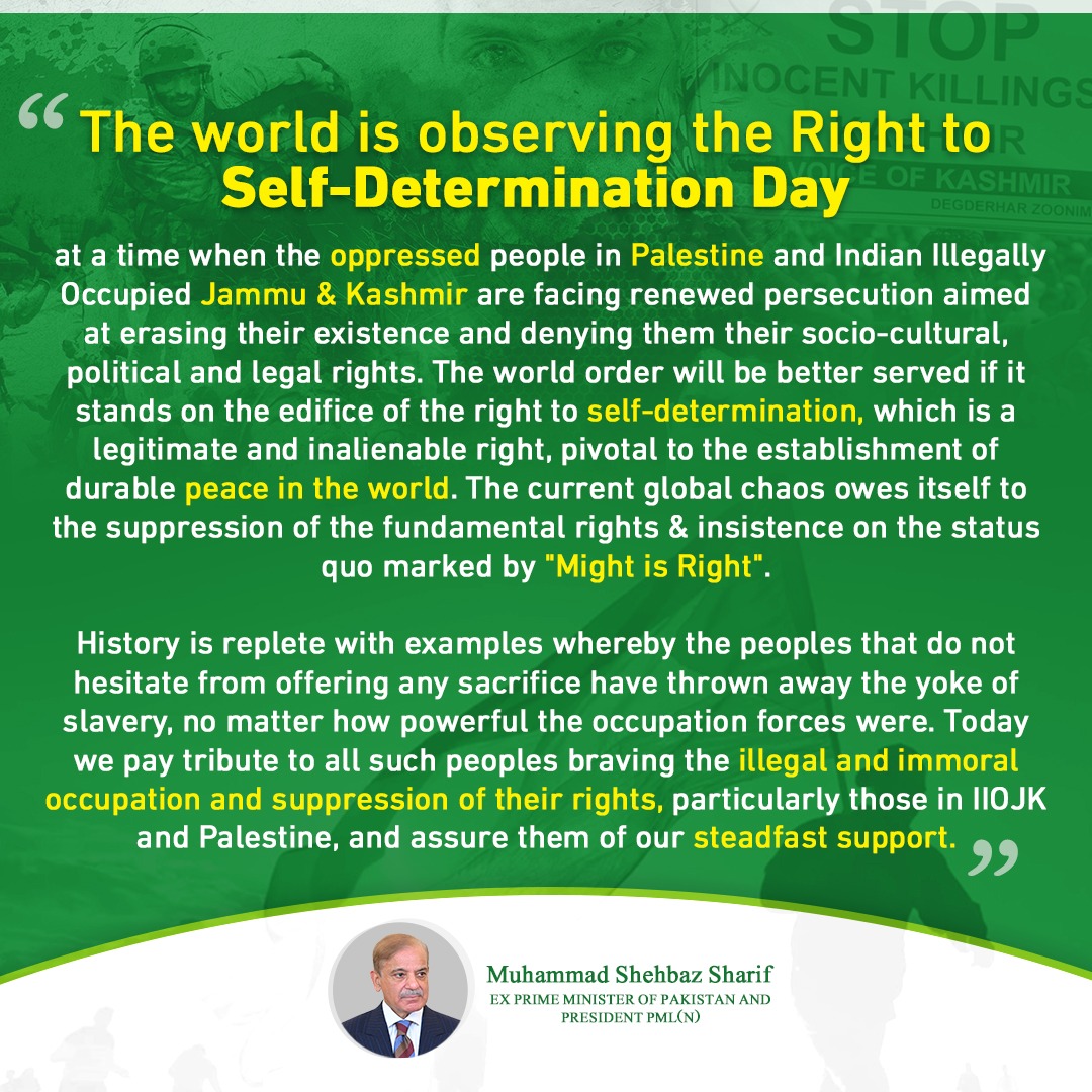 The world is observing the Right to Self-Determination Day at a time when the oppressed people in Palestine and Indian Illegally Occupied Jammu &amp; Kashmir are facing renewed persecution aimed at erasing their existence and denying them their socio-cultural, political and legal