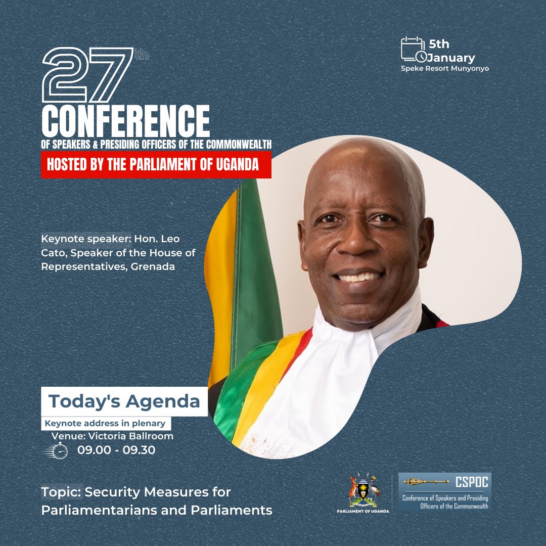 ONGOING: Empowering discussions at the #CSPOC2024 conference! 🌐 Keynote speaker Hon. Leo Cato from Grenada shares insights on Security Measures for Parliamentarians, emphasizing safety as Rt. Hon. @Thomas_Tayebwa, sheds light on Health and Wellbeing Support in Parliaments.