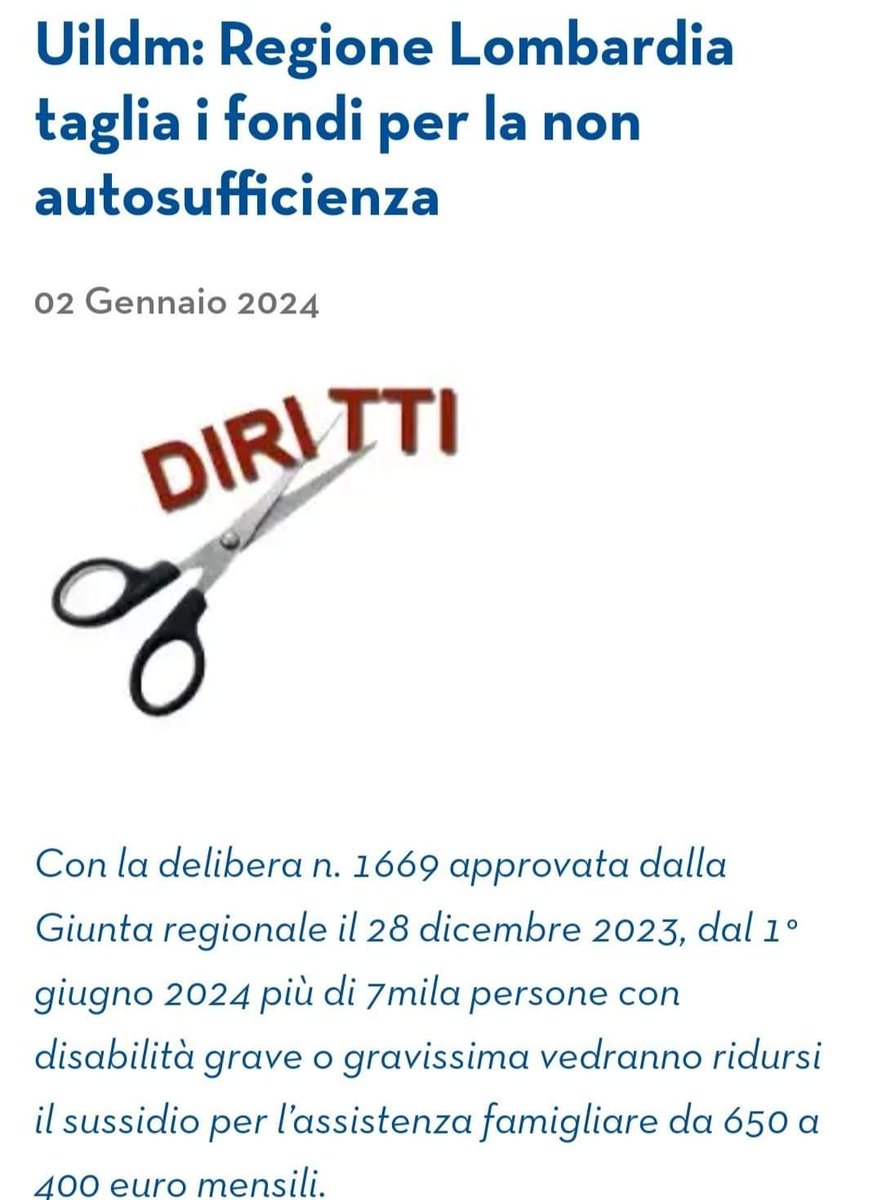 GabryBab10's tweet photo. @Gianca_barba Meno fondi in Servizi di natura medico/ assistenziale. 

"Ti do 100€ e te ne chiedo mille sotto varie forme legate al welfare". 
La grande Lombardia ⤵️🤬

#Uildm: #RegioneLombardia taglia i fondi per la NON #autosufficienza
#DirittiNegati

#ilPeggior_GOVERNO_diSempre
#carogne https://t.co/XWf1QRtWrB
