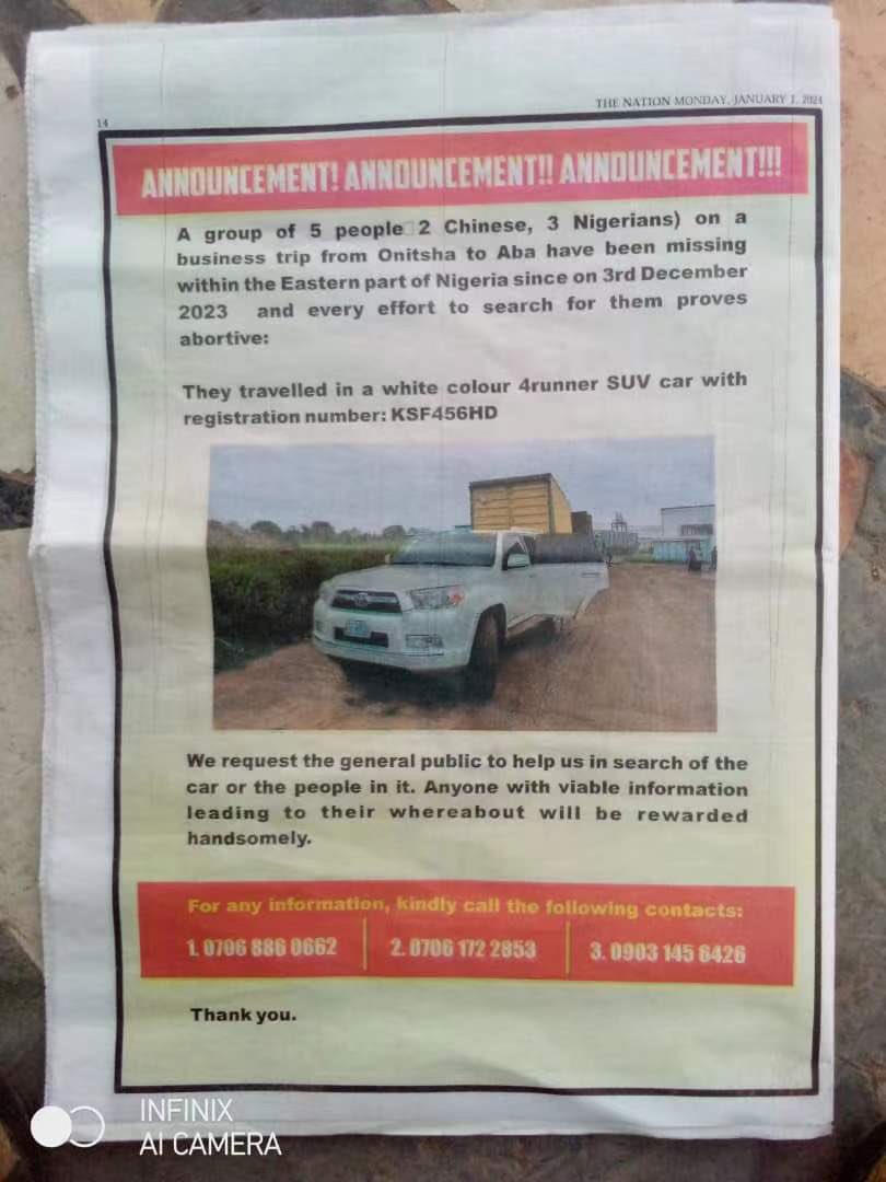 2 #Chinese, 3 #Nigerians on a business trip from Onitsha to Aba have been #missing in #Nigeria since on 3rd December 2023.
They were in a white 4 runner SUV car KSF456HD

Hope general public to help and will give #rewarded handsomely. For any info. contact 
234 0706 886 0662