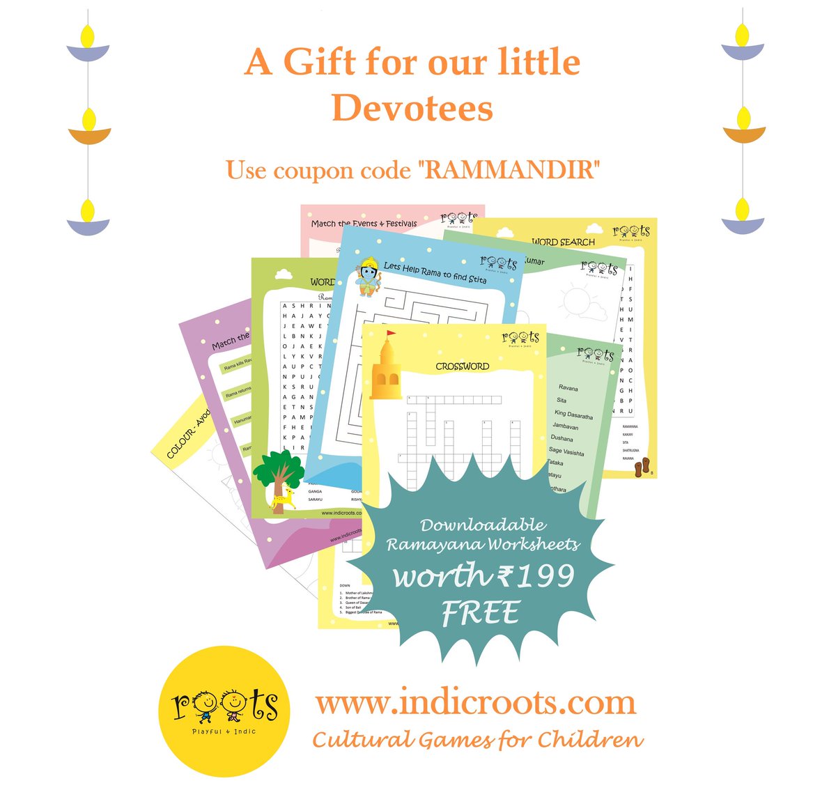 On the auspicious occasion of 'Ram Mandir Nirman,' here's a small gift from ROOTS to all little devotees! Use Coupon code 'RAMMANDIR' to get these beautiful downloadable Ramayana worksheets for free. No min order Link to order indicroots.com/shop/worksheet… #RamMandir @MinOfCultureGoI