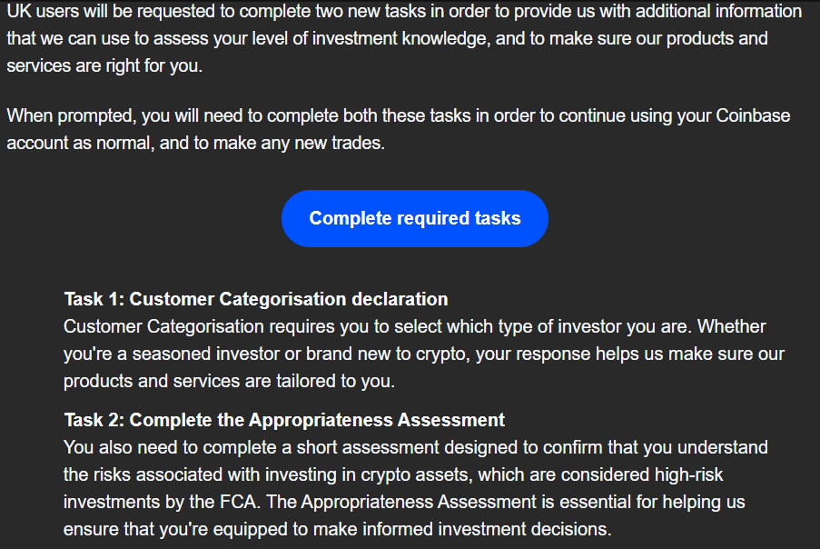 EthDeFiance's tweet photo. So what am i supposed to do here @coinbase @CoinbaseSupport ?

- Get an email to complete two tasks
- Email have a link to click that, supposedly, takes me to the tasks
- Click on the link and takes me to Coinbase main page instead

Where are the tasks? at least link it properly https://t.co/xViVqlzjmE