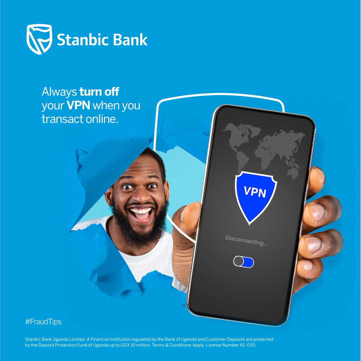 stanbicug's tweet photo. Always disable your VPN as you use online banking to losing vital information to financial fraudsters. #FraudTips https://t.co/JUUIgDBtAT