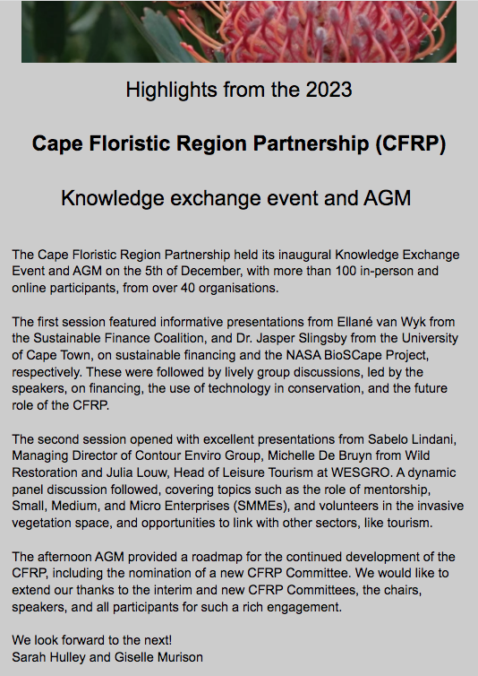 Highlights from the 2023 Cape Floristic Region Partnership (CFRP) Knowledge exchange event and AGM.