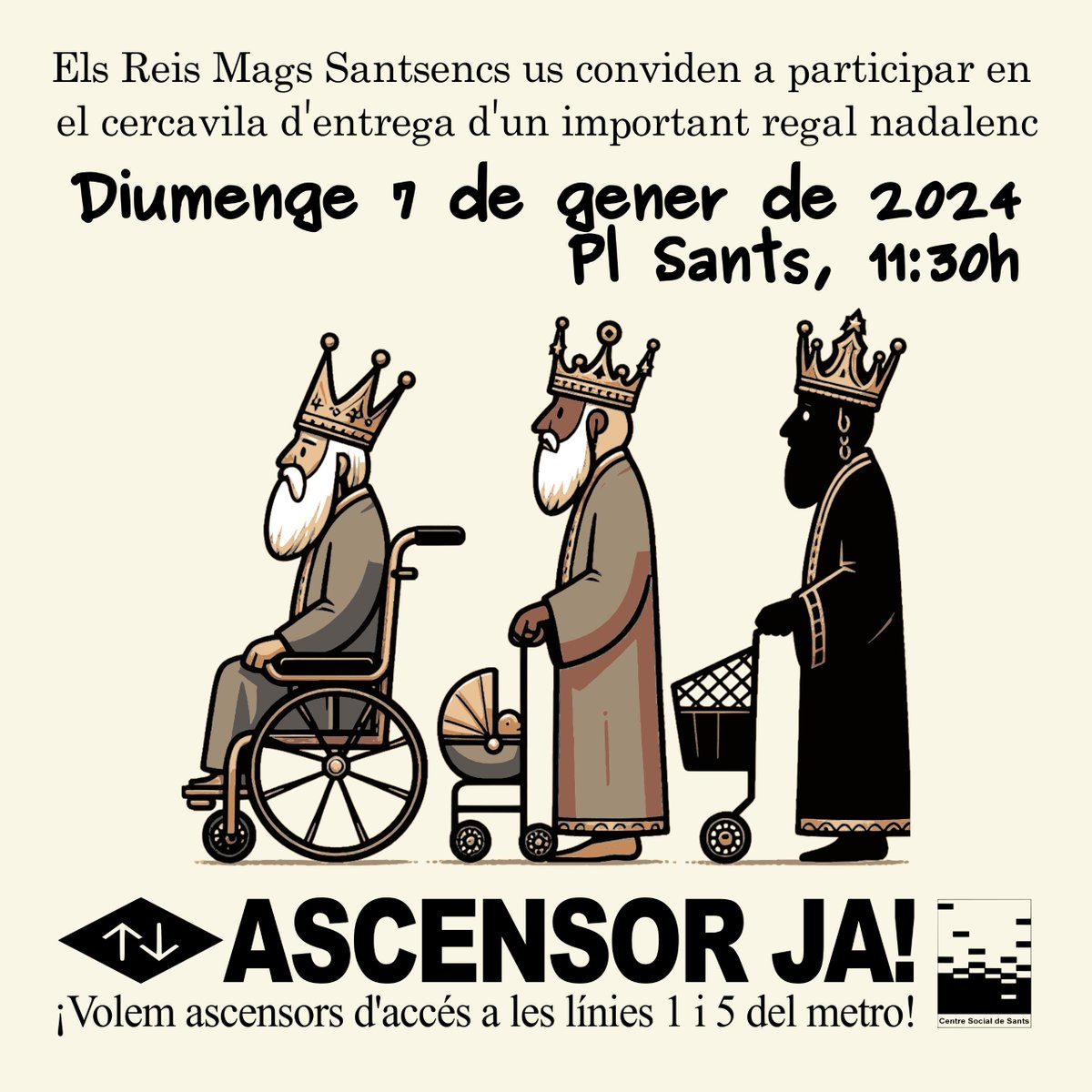 CentreSocSants's tweet photo. Els Reis Mags Santsencs us conviden a participar en el cercavila d'entrega d'un important regal nadalenc:
📆7 gener 2024
⏱️11:30h
👉Plaça de #Sants
#ascensorJA https://t.co/34FVfVDBHW