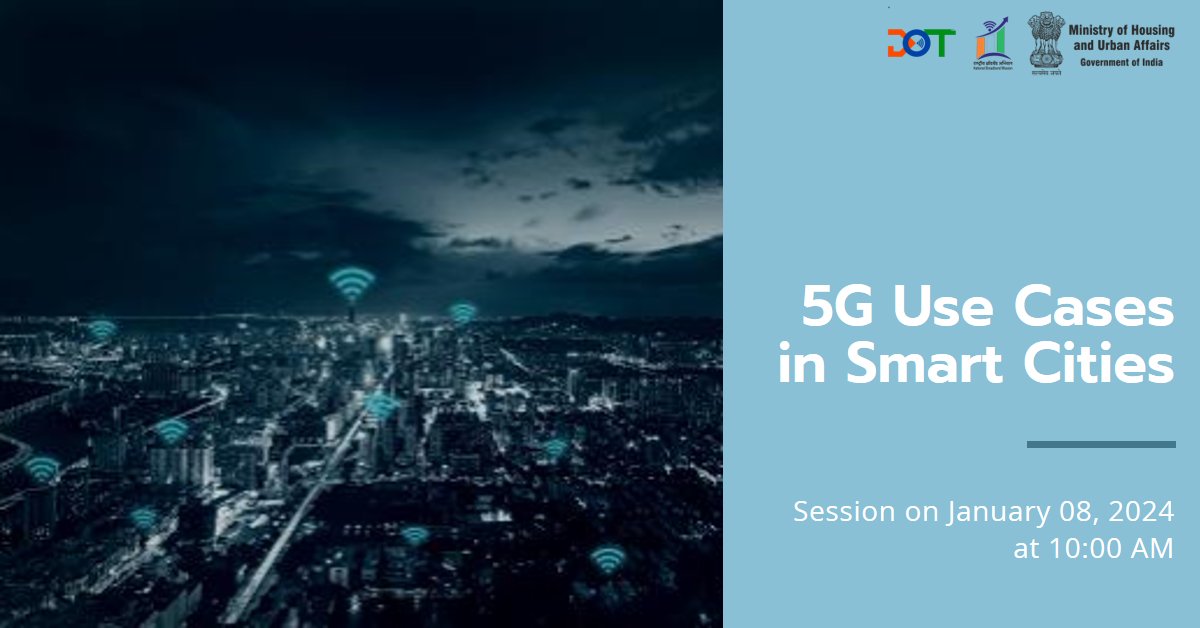 NBM_DoT's tweet photo. .@DoT_India is organising a Video Conference with Smart Cities to discuss various #5gusecases. 

The virtual conference is scheduled on January 8, 2024 from 10:00AM. (1/2)

@MoHUA_India @AshwiniVaishnaw @devusinh @NTIPRIT_DOT @CDOT_India @USOF_India @pib_comm https://t.co/o1C8wRAW7o