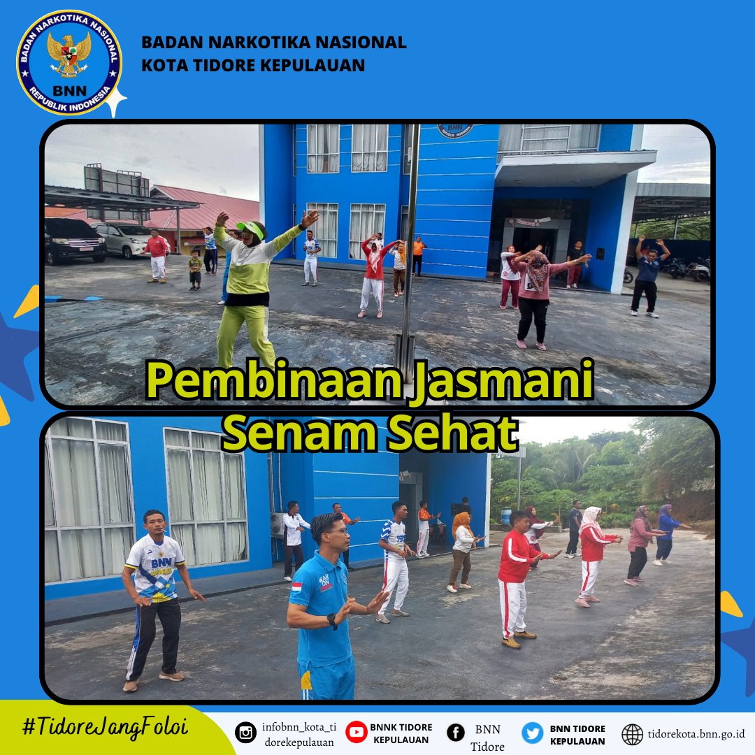 Bnnk_Tikep's tweet photo. Jumat 05 Januari 2024 BNNK Tidore Kepulauan Melaksanakan Senam Sehat. Kegitan ini bertujuan untuk Seluruh Pegawai BNNK Tidore Kepulauan Memiliki Gaya Hidup Sehat dan Rutin Berolah raga.
#warondrugs
#Speedupneverletup
#hidupsehattanpanarkoba
#tidorebersinar
#bnnktidorekepulauan https://t.co/DdqvOsN7ys