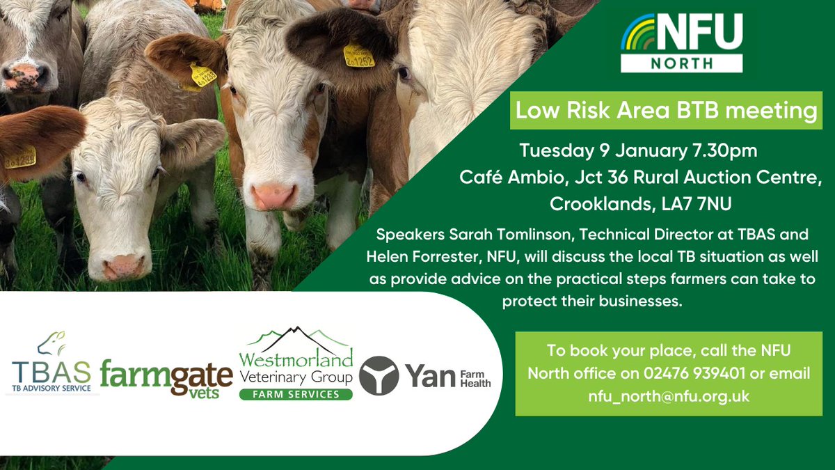 A very topical meeting on TB open to all farmers in the local area coordinated &amp; sponsored by the NFU &amp; the local veterinary practices.
Sarah Tomlinson is knowledgeable speaker who, is sure to help enhance your understanding of TB in the local area.
Please let us know for numbers
